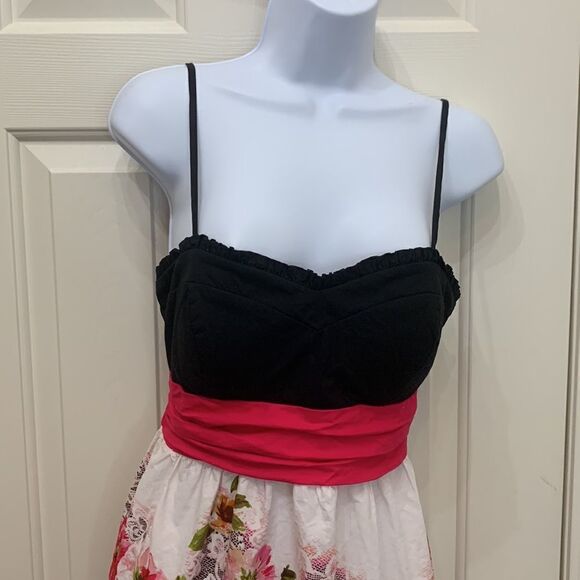City Triangles Sz 9 Black Bust Pink Waist Floral Skirt Spaghetti Straps Tie Back - Picture 3 of 11